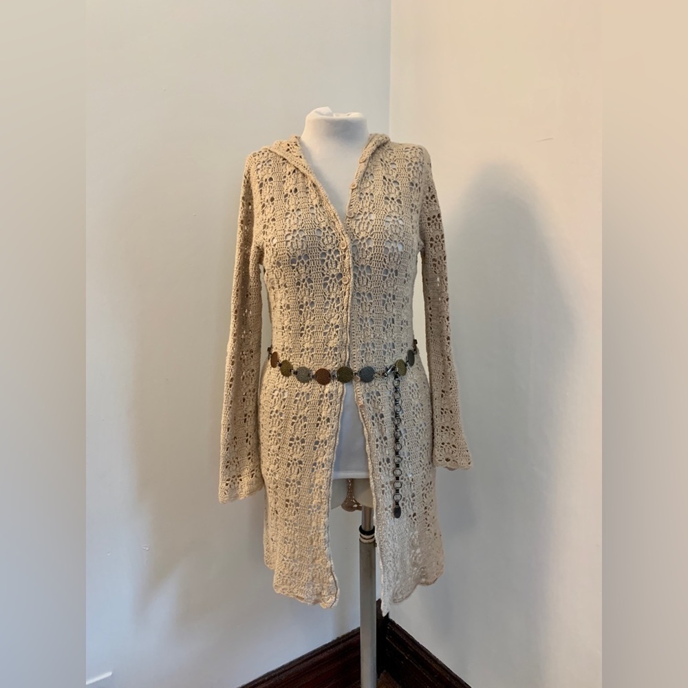 VTG y2k boho crochet hooded cardigan Limited Too Long Duster Belt Lace 2000s